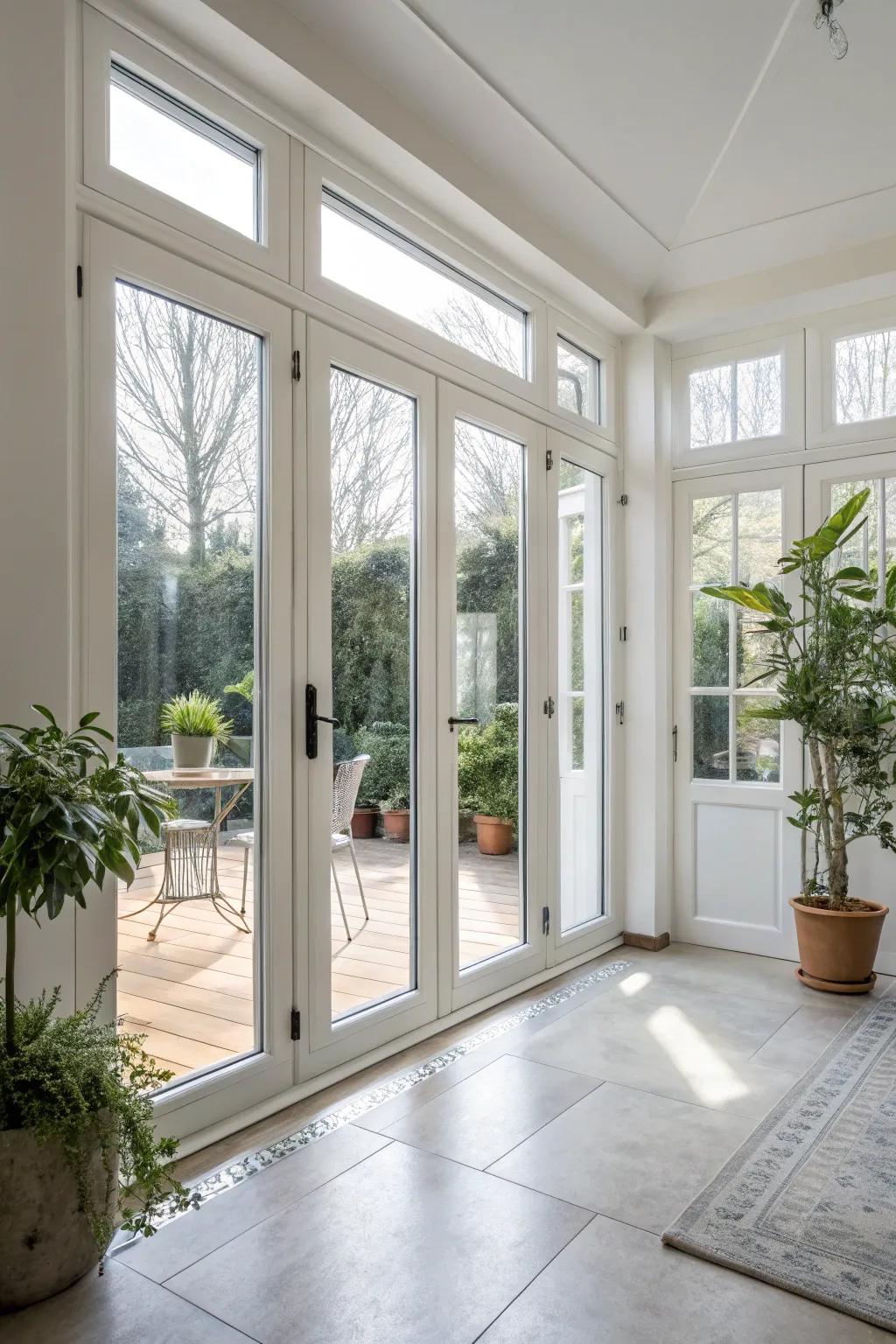 Spacious sunroom with minimalistic framed glass doors.