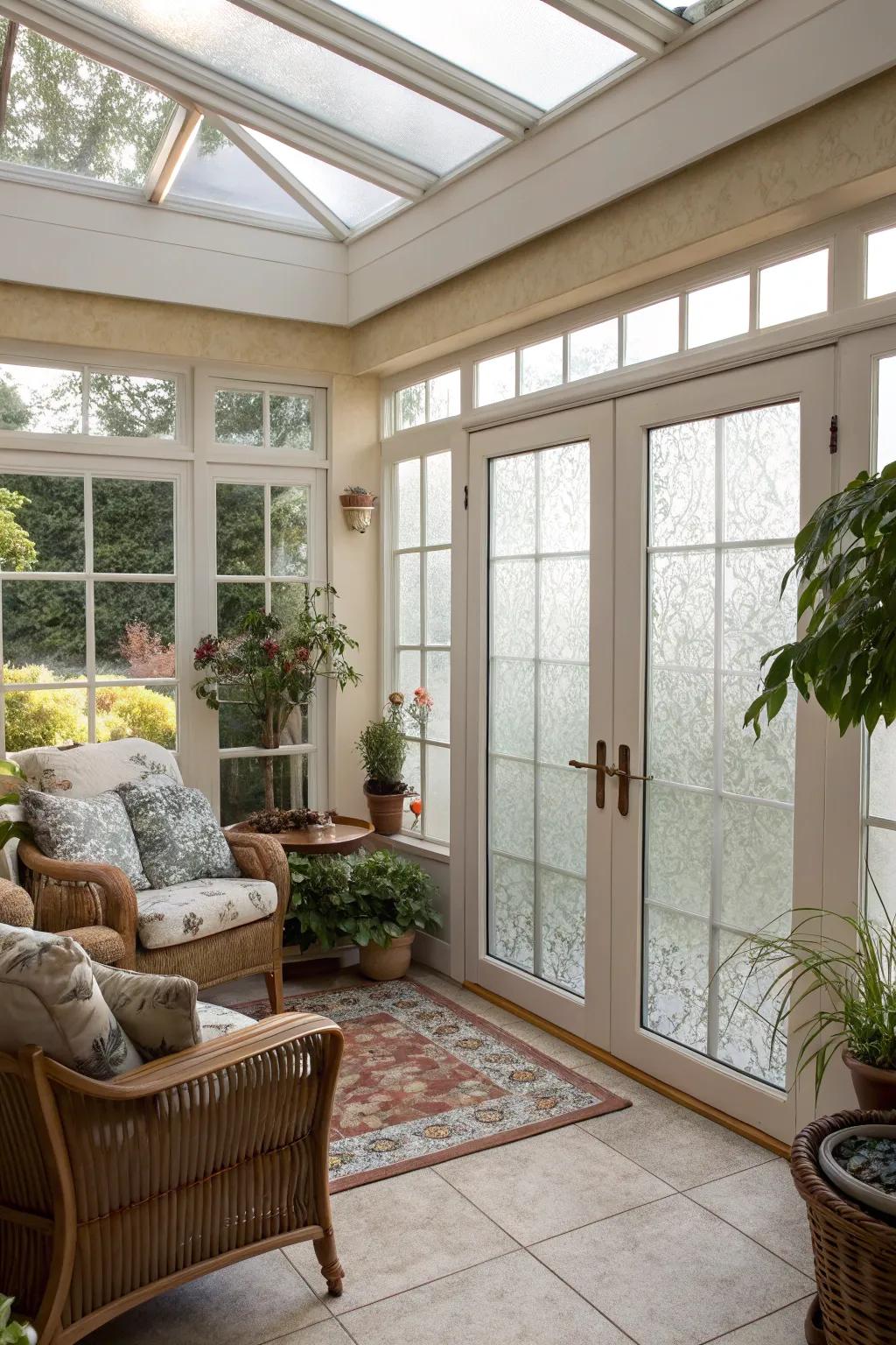 Sunroom enhanced with frosted glass doors for privacy.