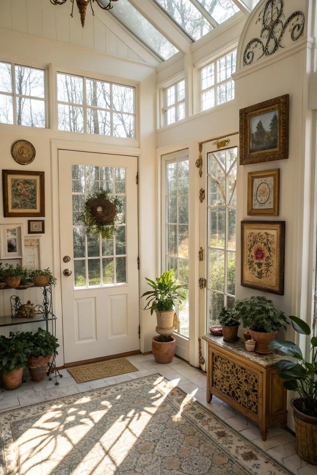 Decorative accents in a sunroom highlighting door area.