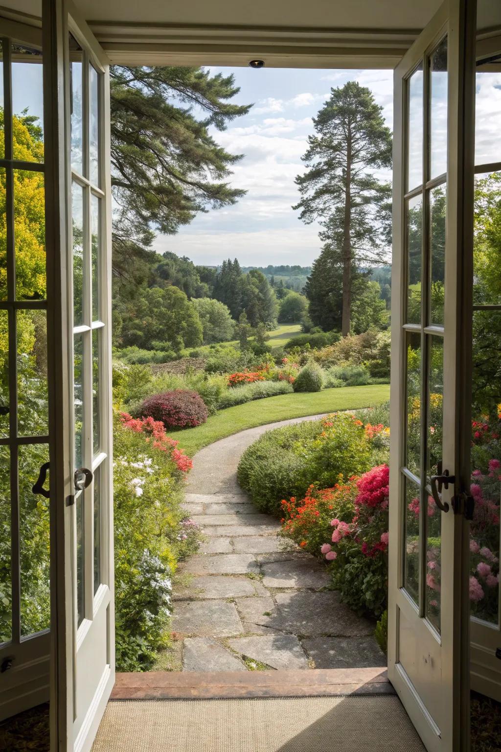 Sunroom doors framing a stunning outdoor landscape.