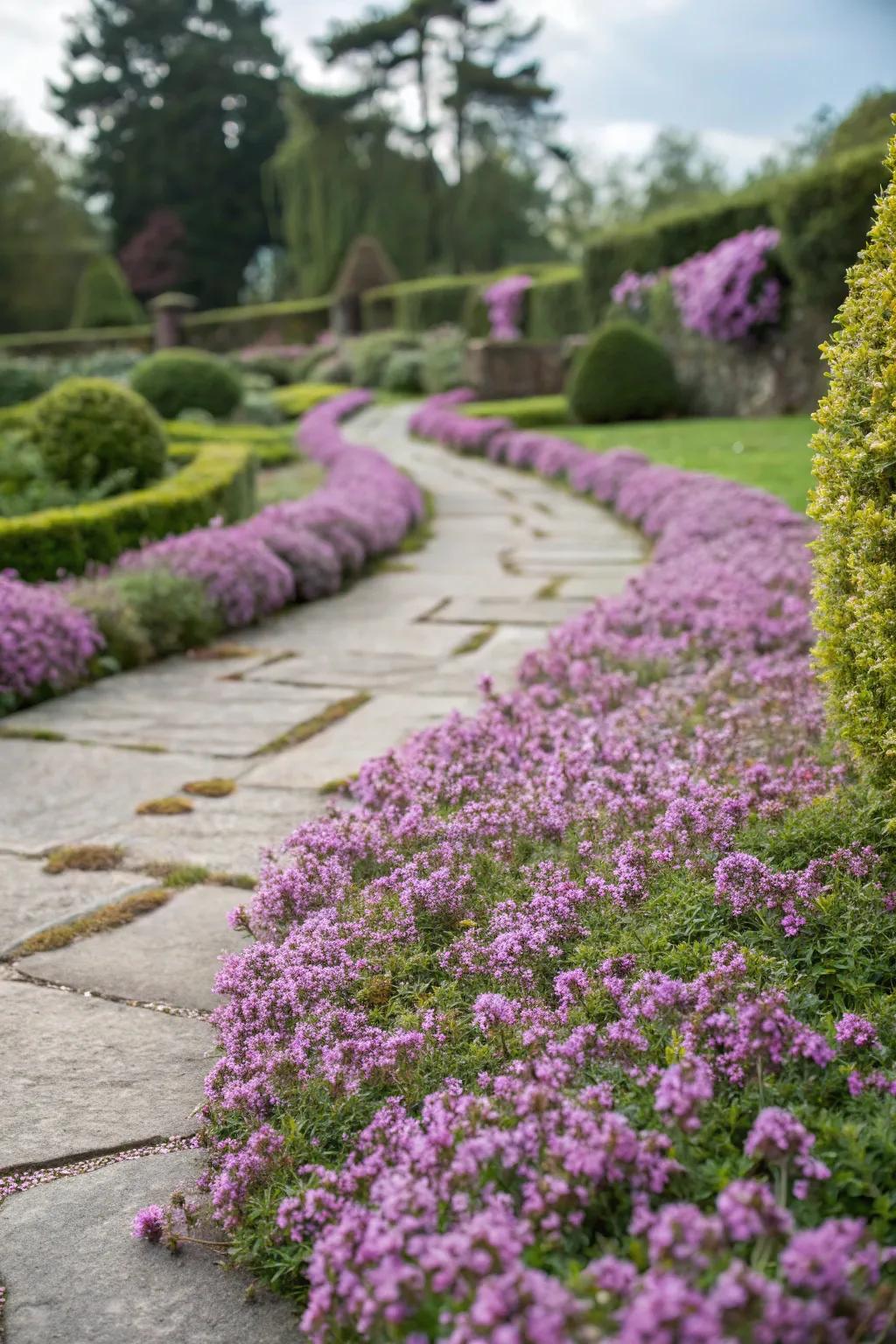 Creeping thyme adds color and a delightful fragrance to garden paths.