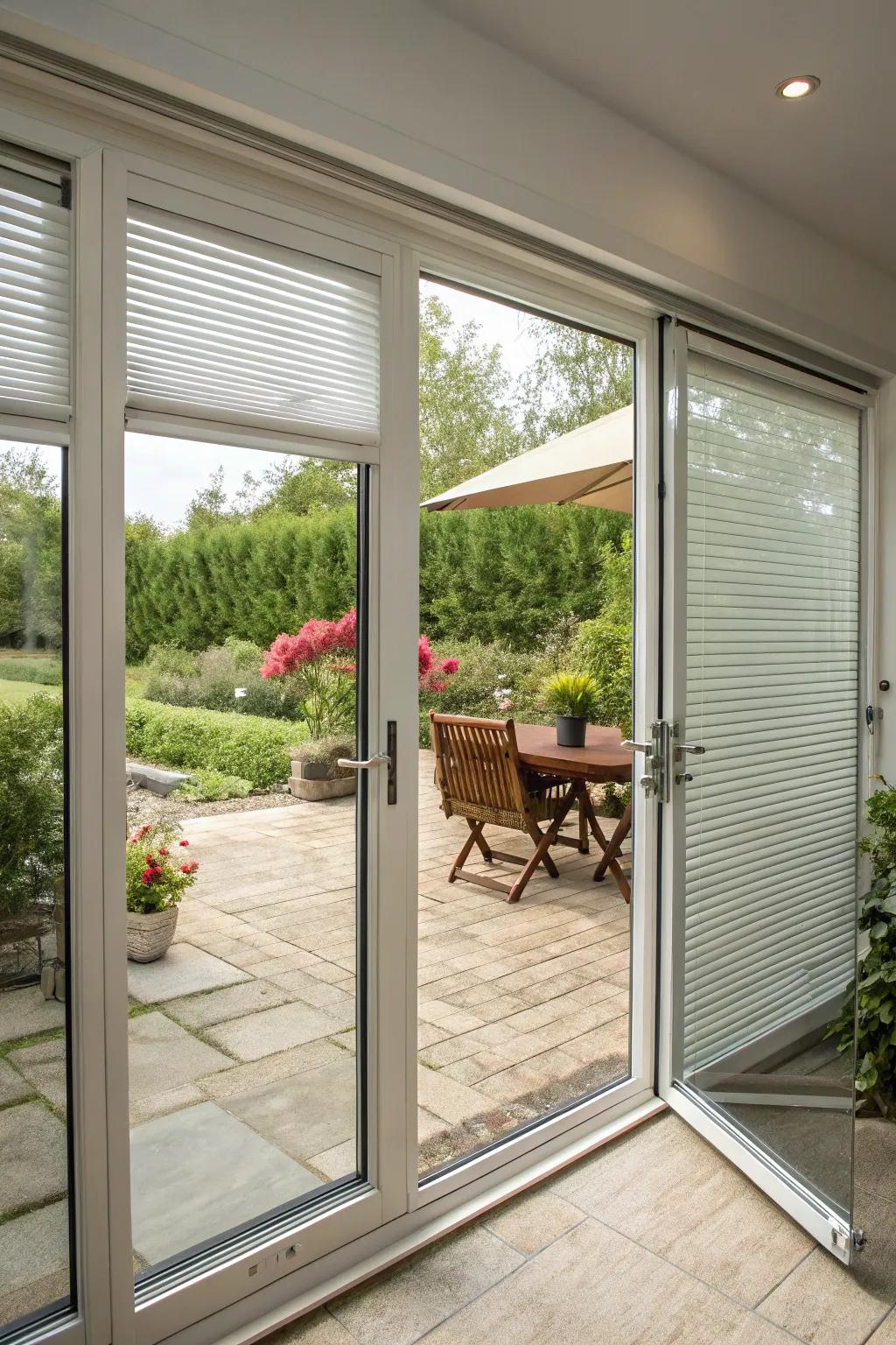 Sliding patio doors with built-in blinds offering privacy and light control.