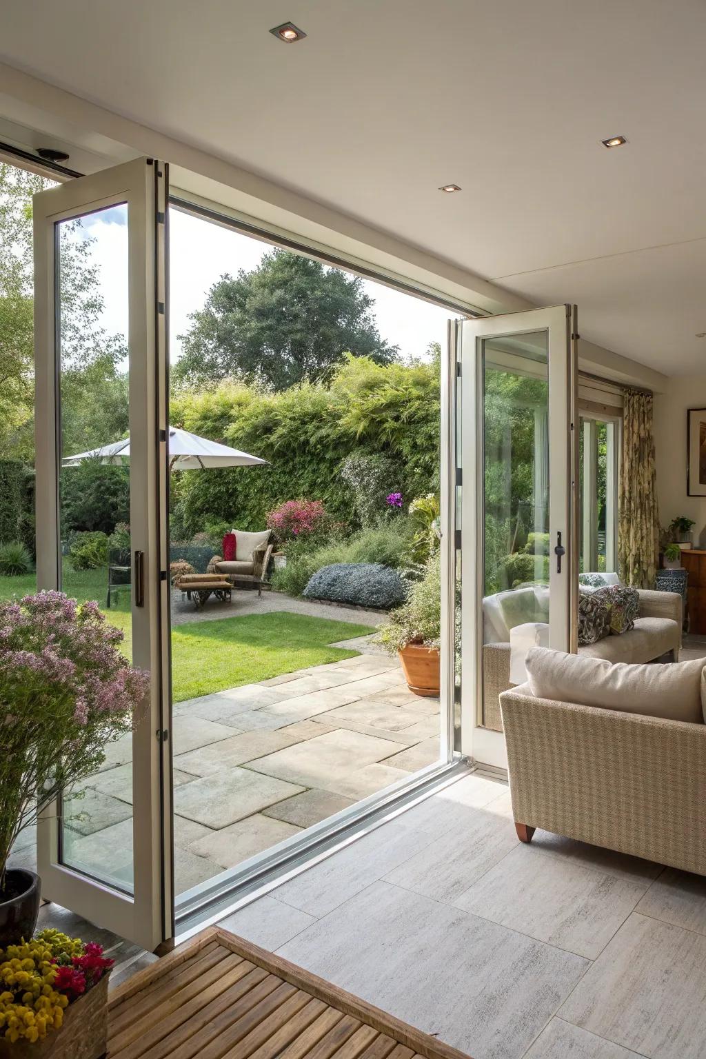 Bi-fold doors expanding indoor space outward to the garden.