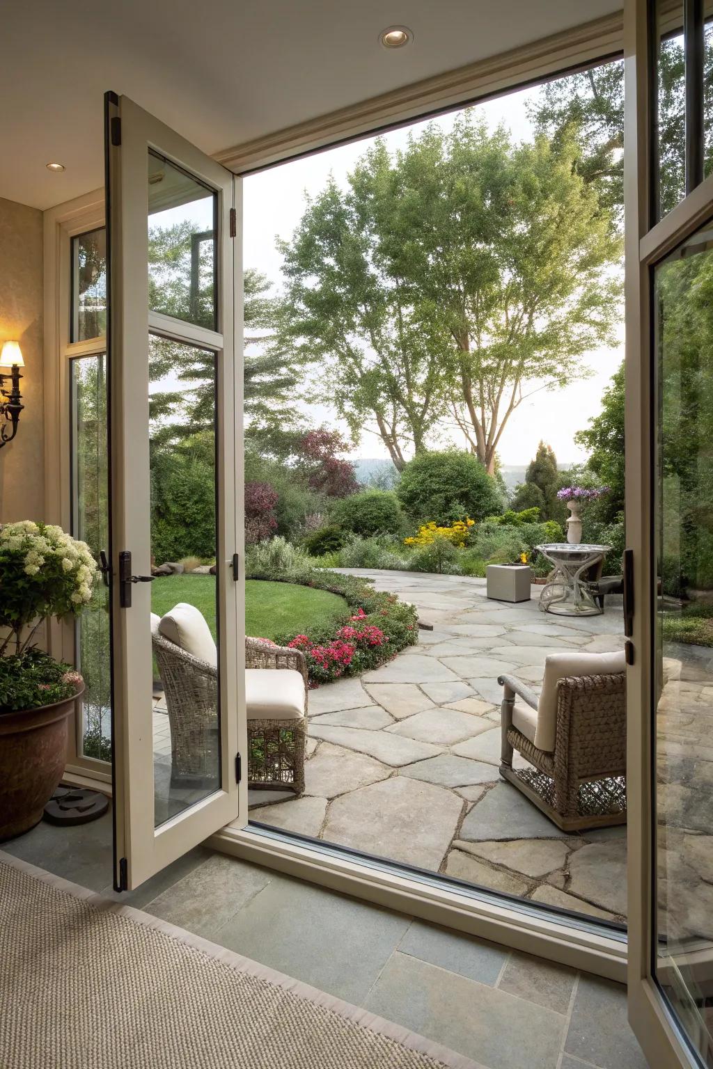 Elegant pivot doors serving as a chic patio entry.