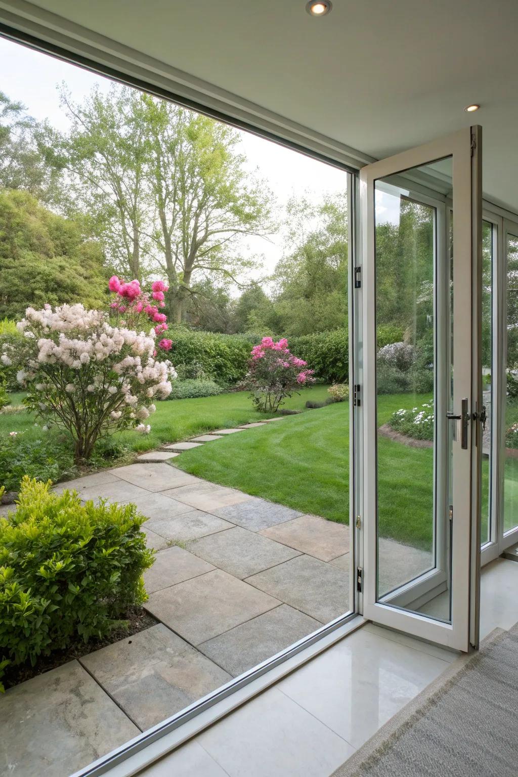 Seamless frameless glass patio doors revealing garden views.