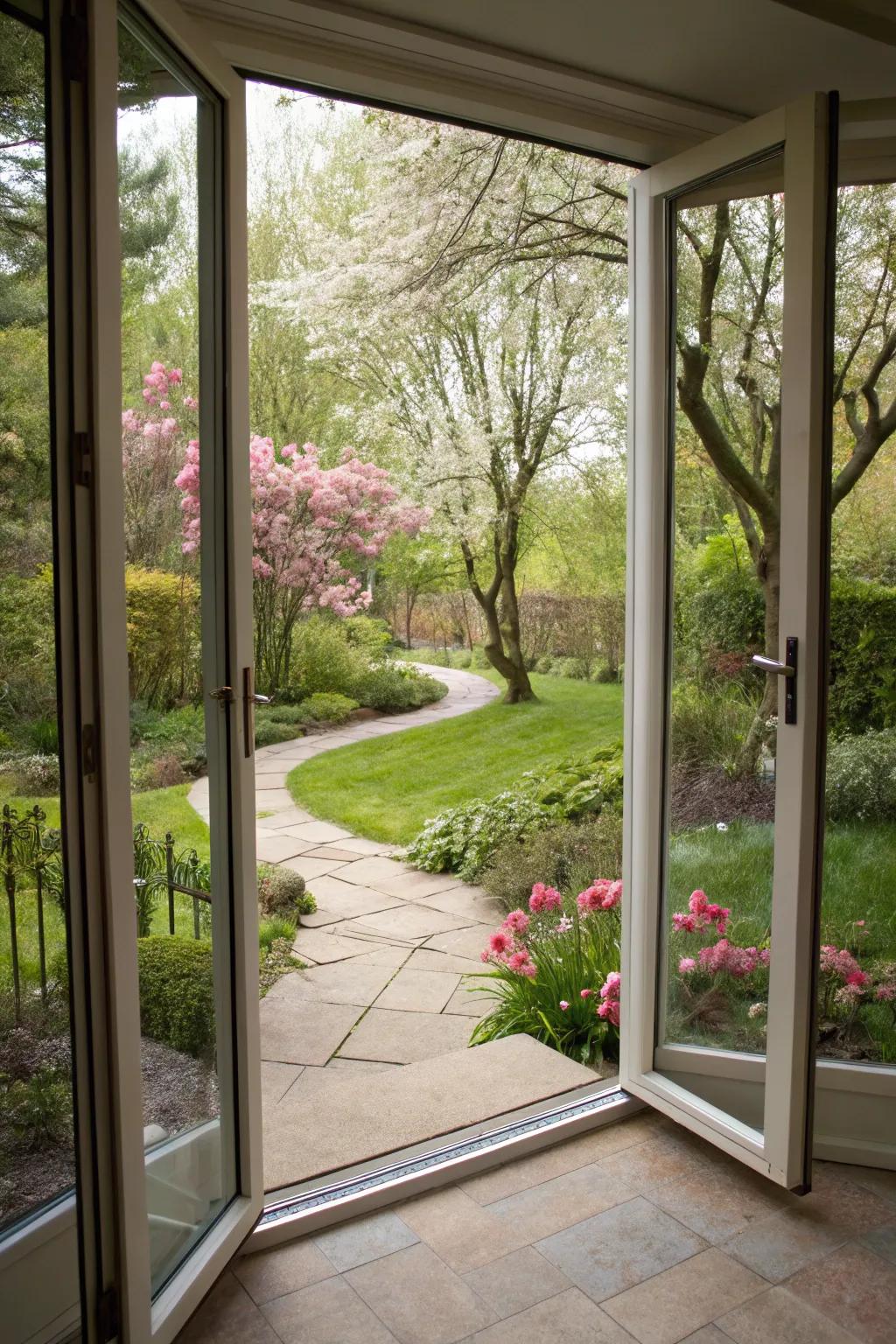 Patio doors opening at the corner for wide garden viewpoints.