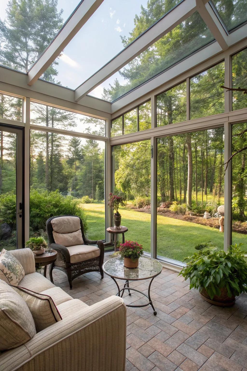 Sun-drenched sunroom with glass walls overlooking the garden.