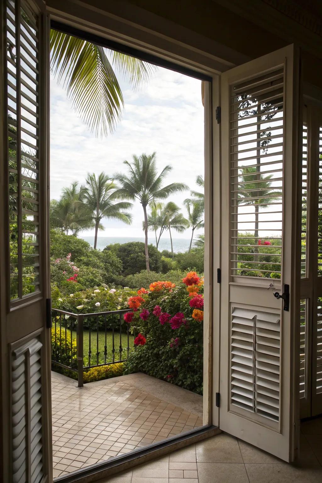Louvered panels imparting tropical ventilation and aesthetic.