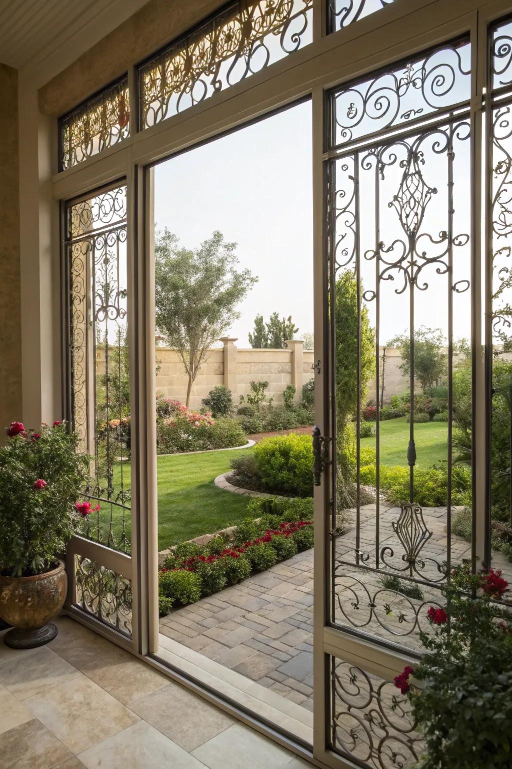 Patio windows embellished with artistic decorative grilles.