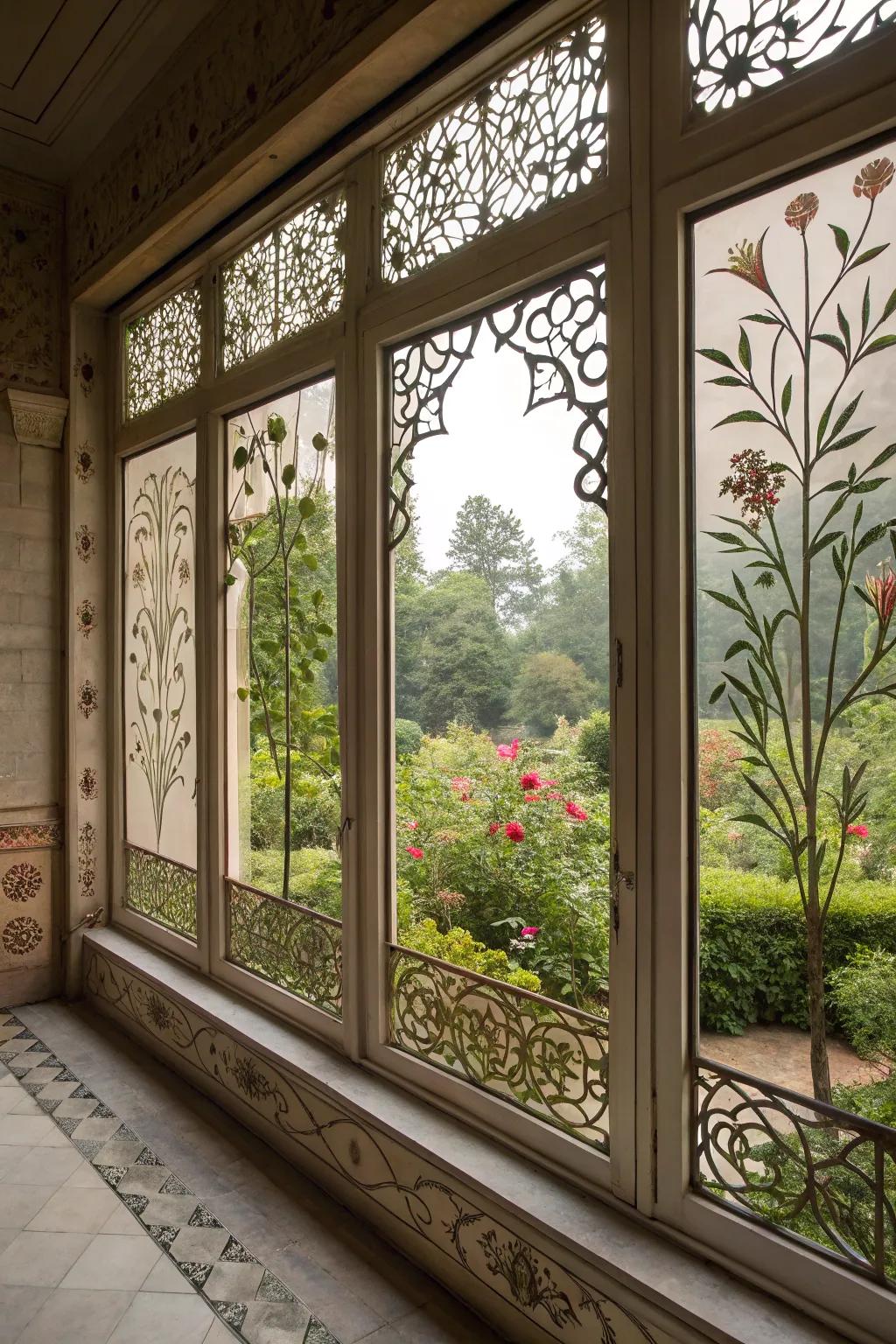 Windows enhanced with nature-inspired, botanical motifs.