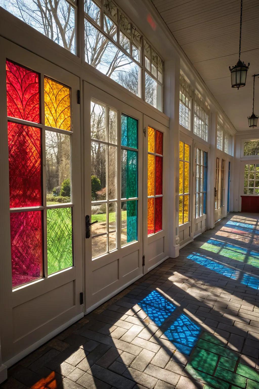 Vibrantly colored glass windows enriching patio ambiance.