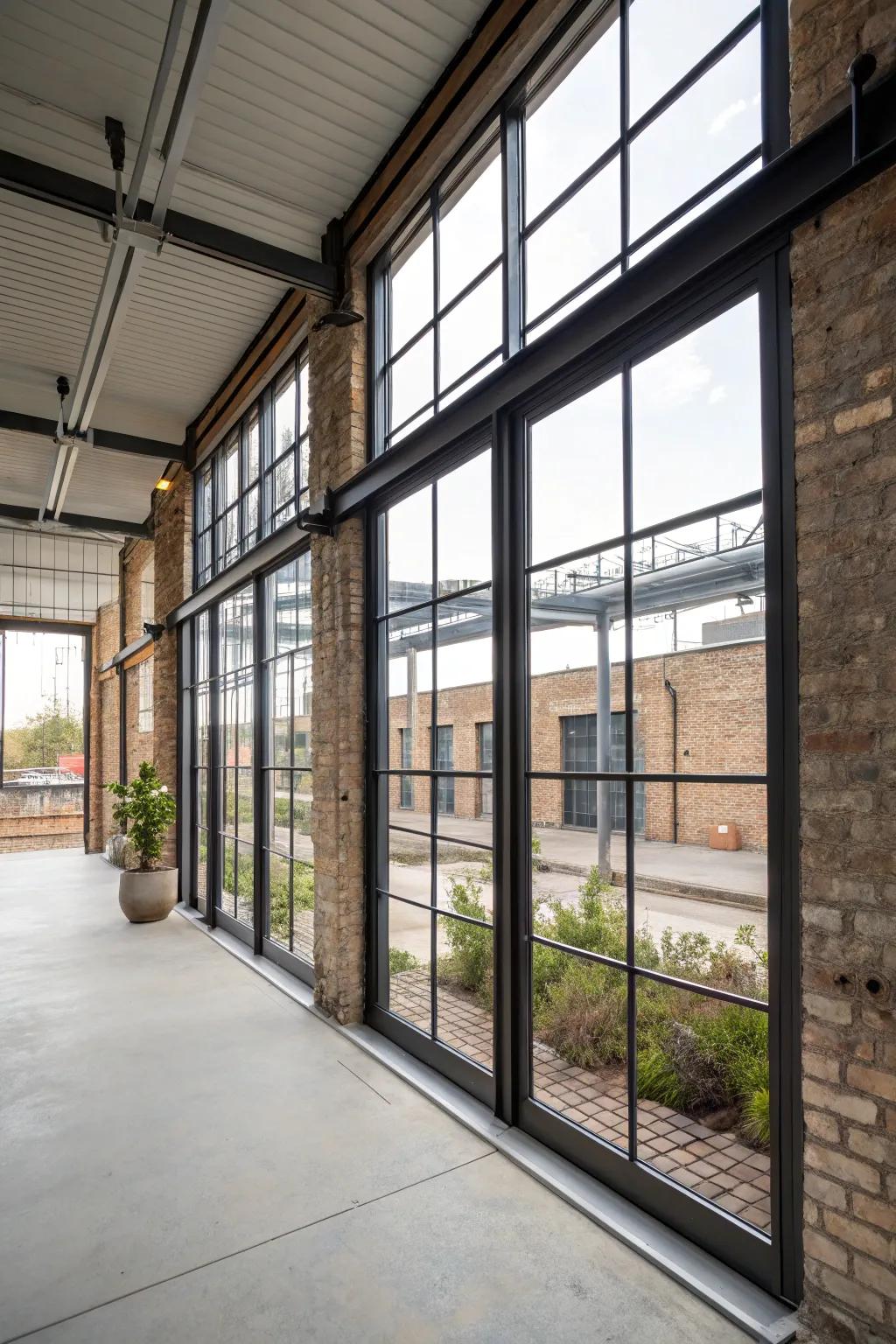 Steel-framed windows emphasizing industrial design elements.