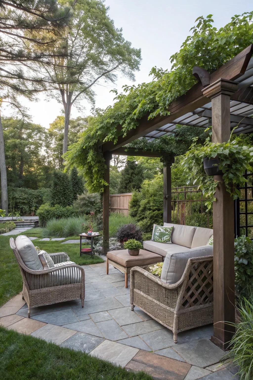 Turn your outdoor area into a cozy retreat with a pergola and comfy seating.
