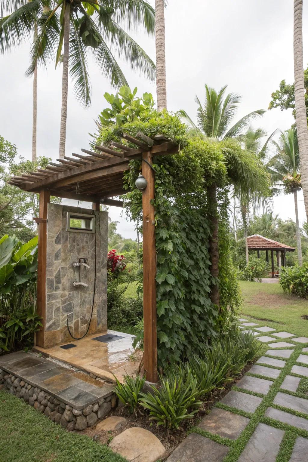 Stylish pergola structure providing shade over outdoor shower.