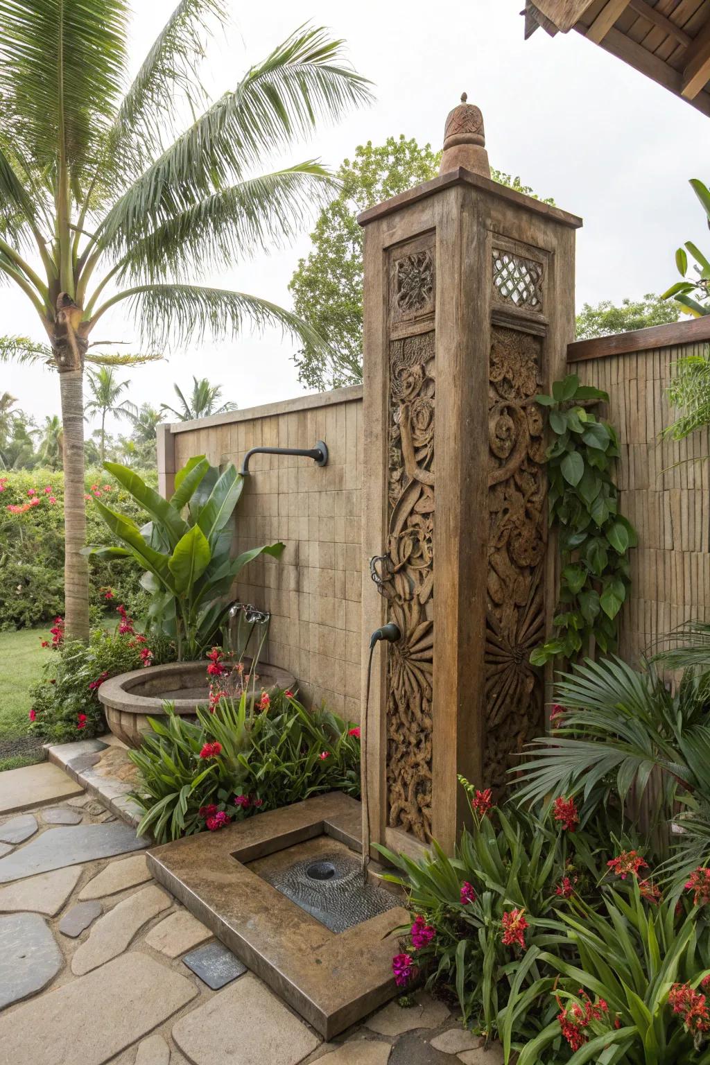 Exotic accessories adding character to an outdoor shower.