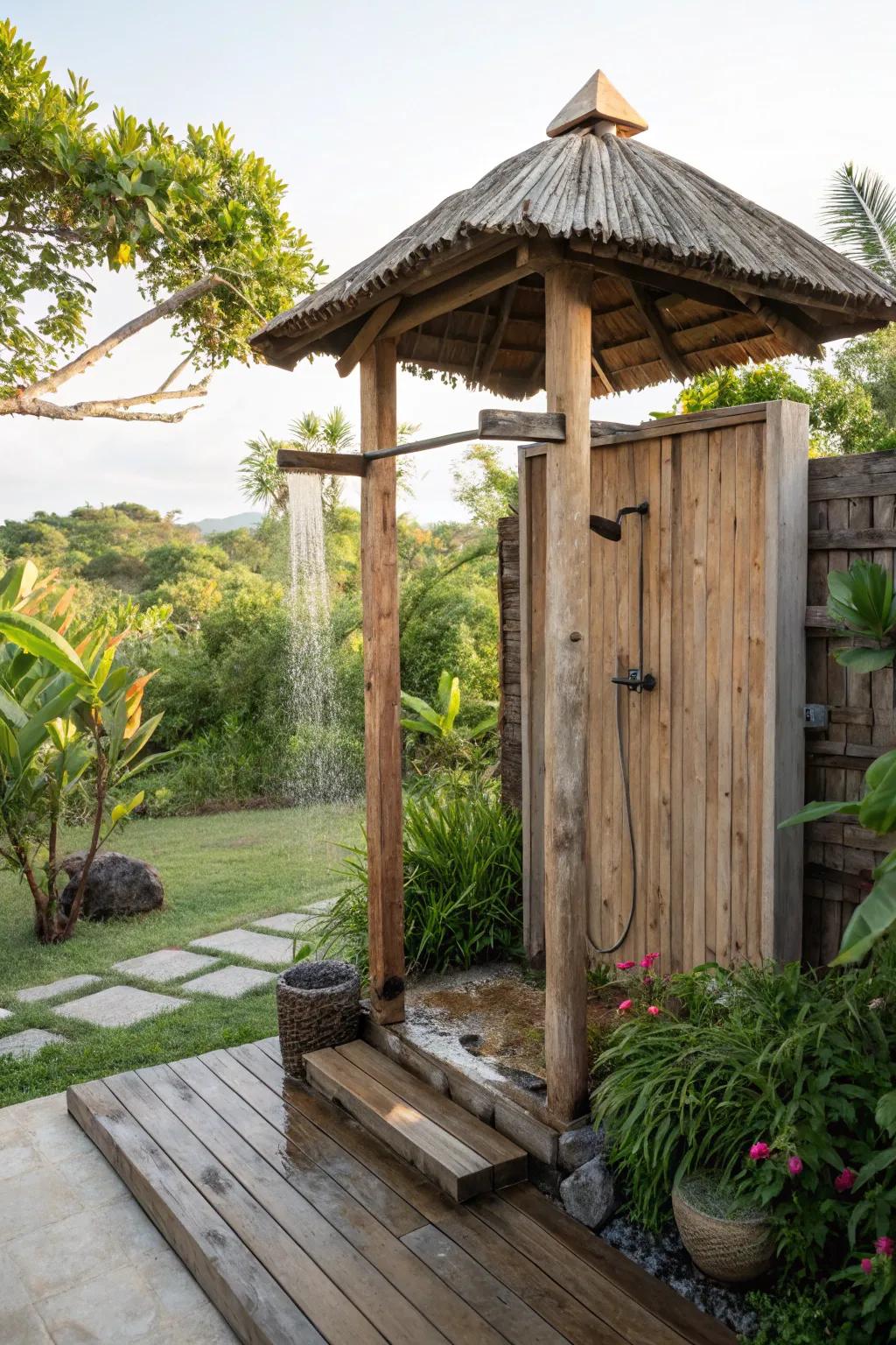 Eco-friendly materials used to create an outdoor shower.
