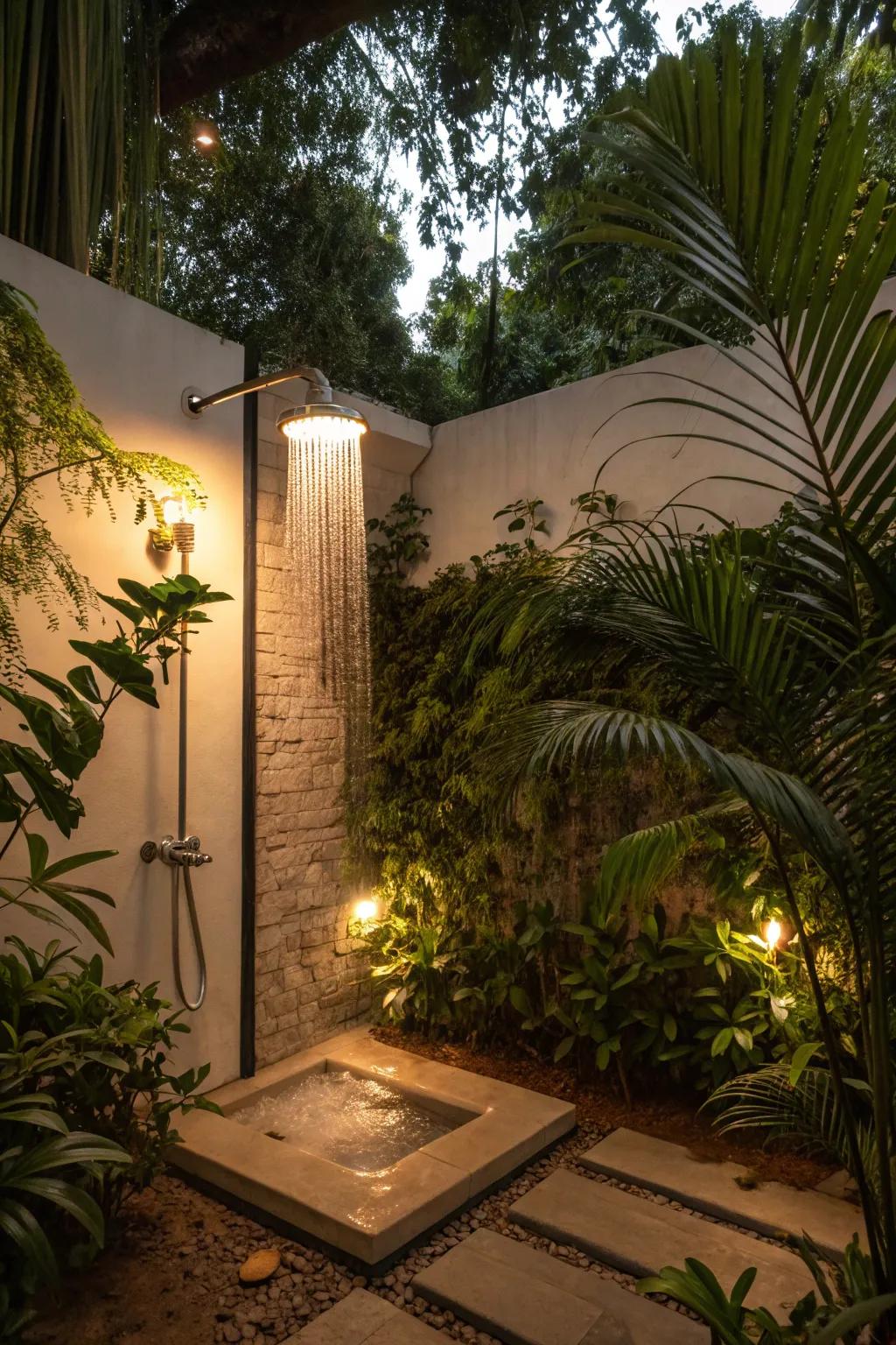 Soft ambient lights enhancing the outdoor shower experience.