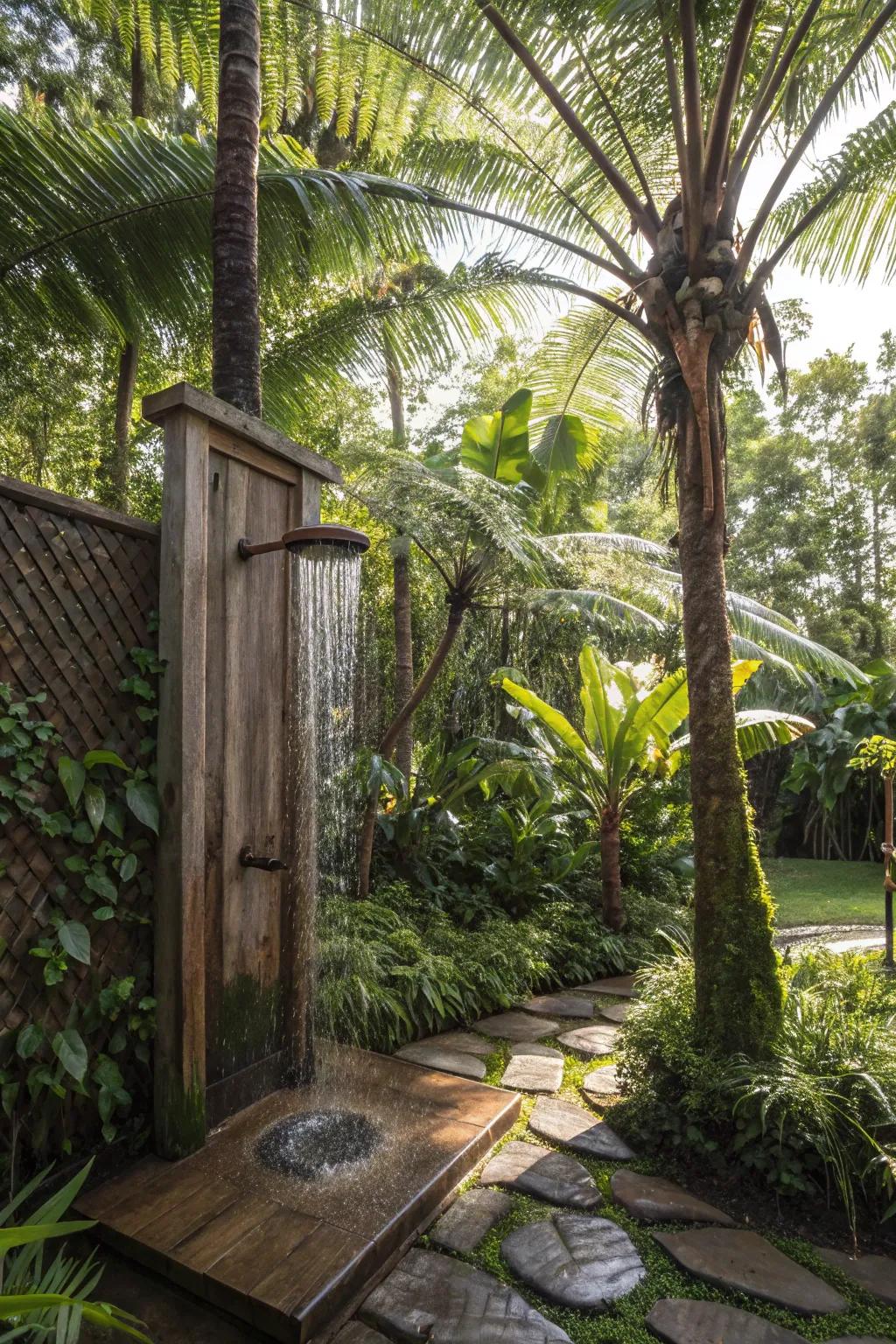 Tropical outdoor shower surrounded by thriving jungle greenery.