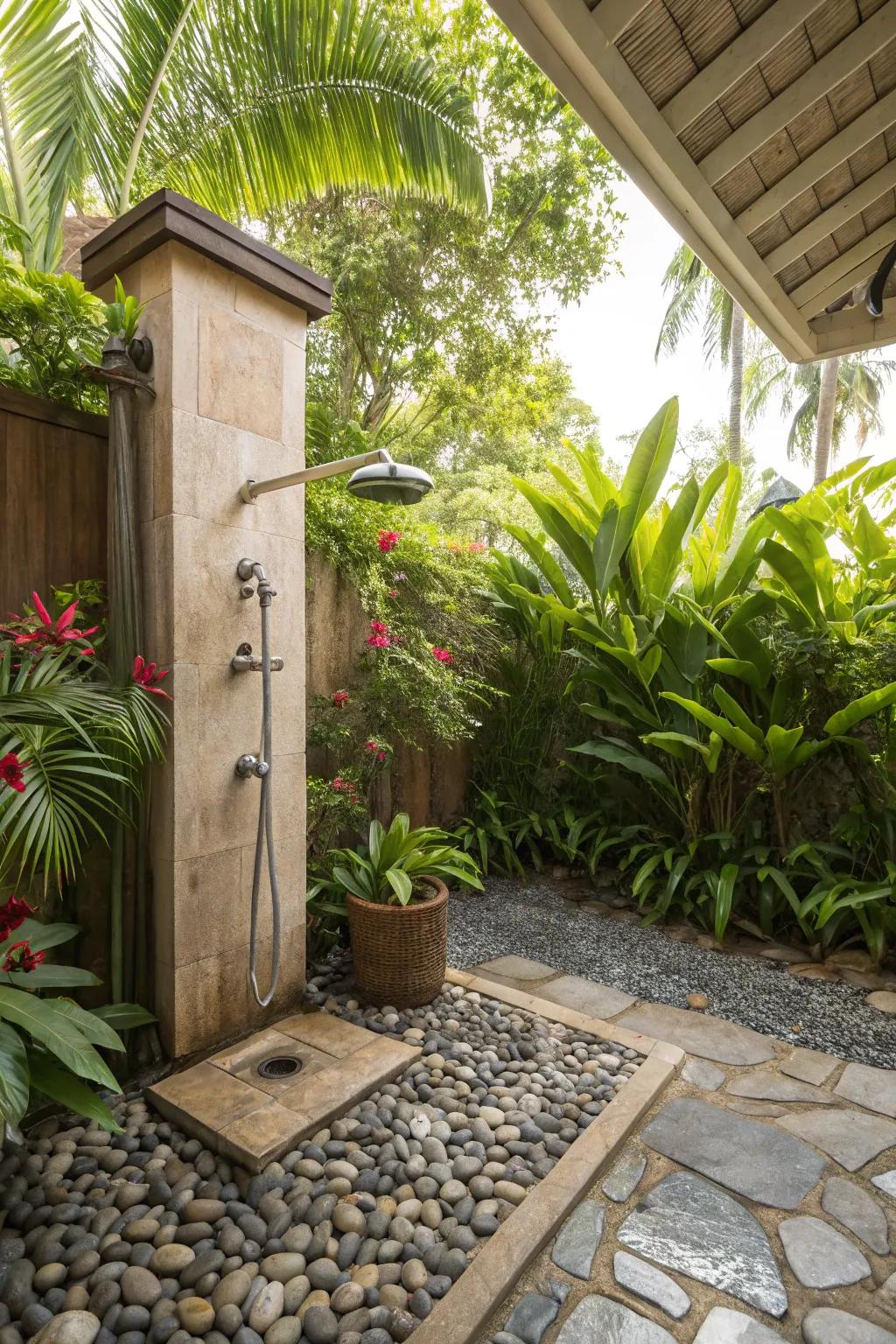 Outdoor shower featuring pebble flooring which offers soothing texture.