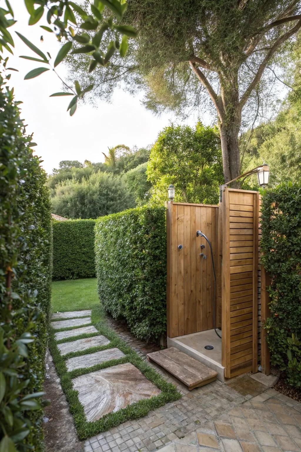 Outdoor shower surrounded by natural privacy screens for seclusion.