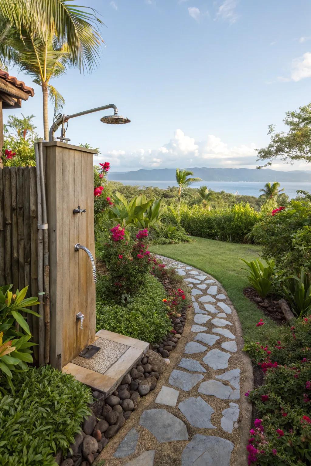 Natural stone and wooden pathway enhancing access to an outdoor shower.