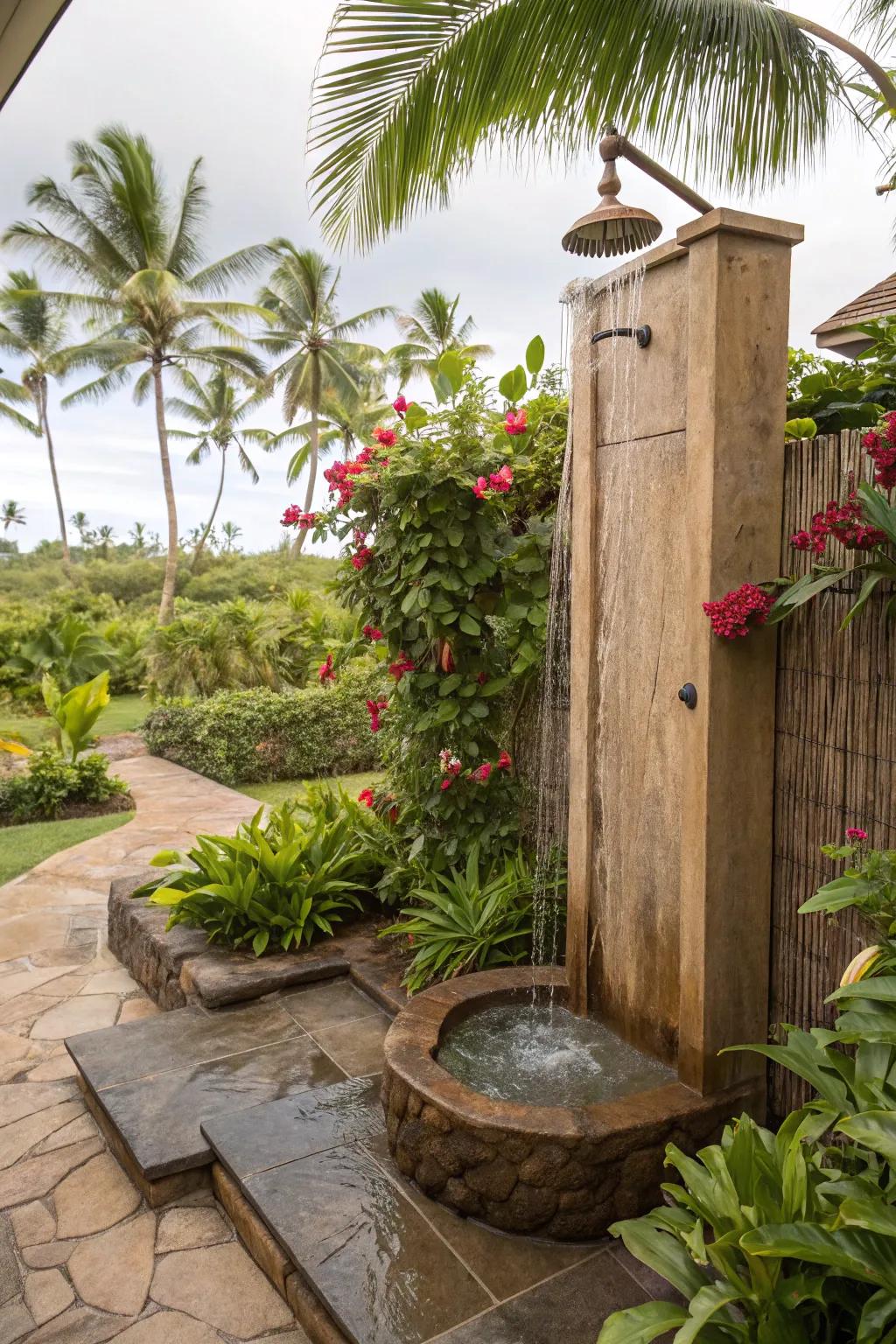 Relaxing outdoor shower complemented by a gentle water feature.