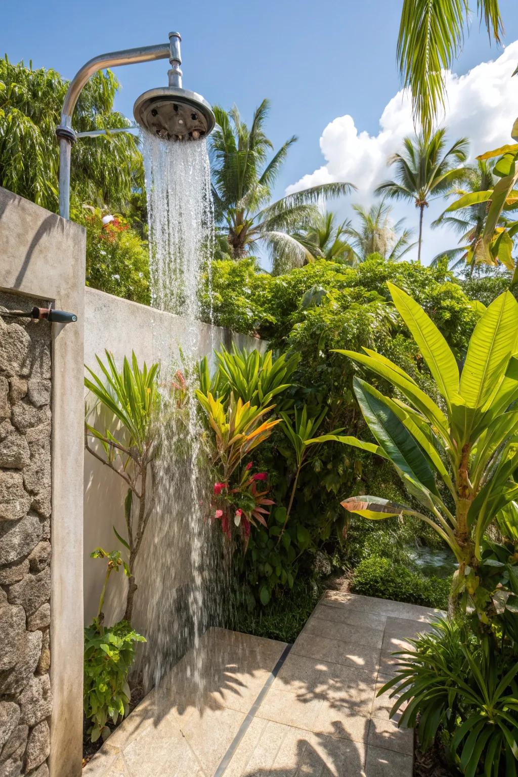 Dramatic waterfall showerhead creating a natural rain effect.