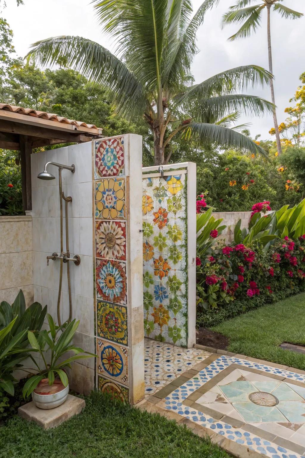 Outdoor shower adorned with bright and lively tropical tiles.