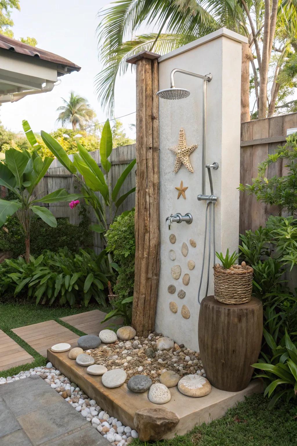 Beach vibe inspired outdoor shower with seashell and driftwood decor.