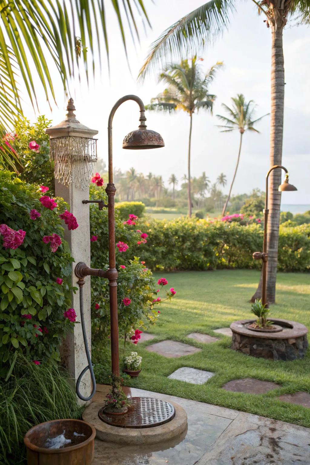 Outdoor shower featuring unique and character-rich fixtures.