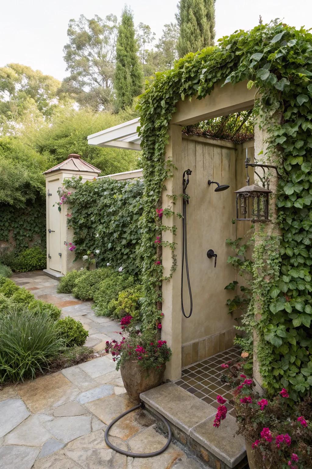Living plant wall surrounding an outdoor shower for natural privacy.