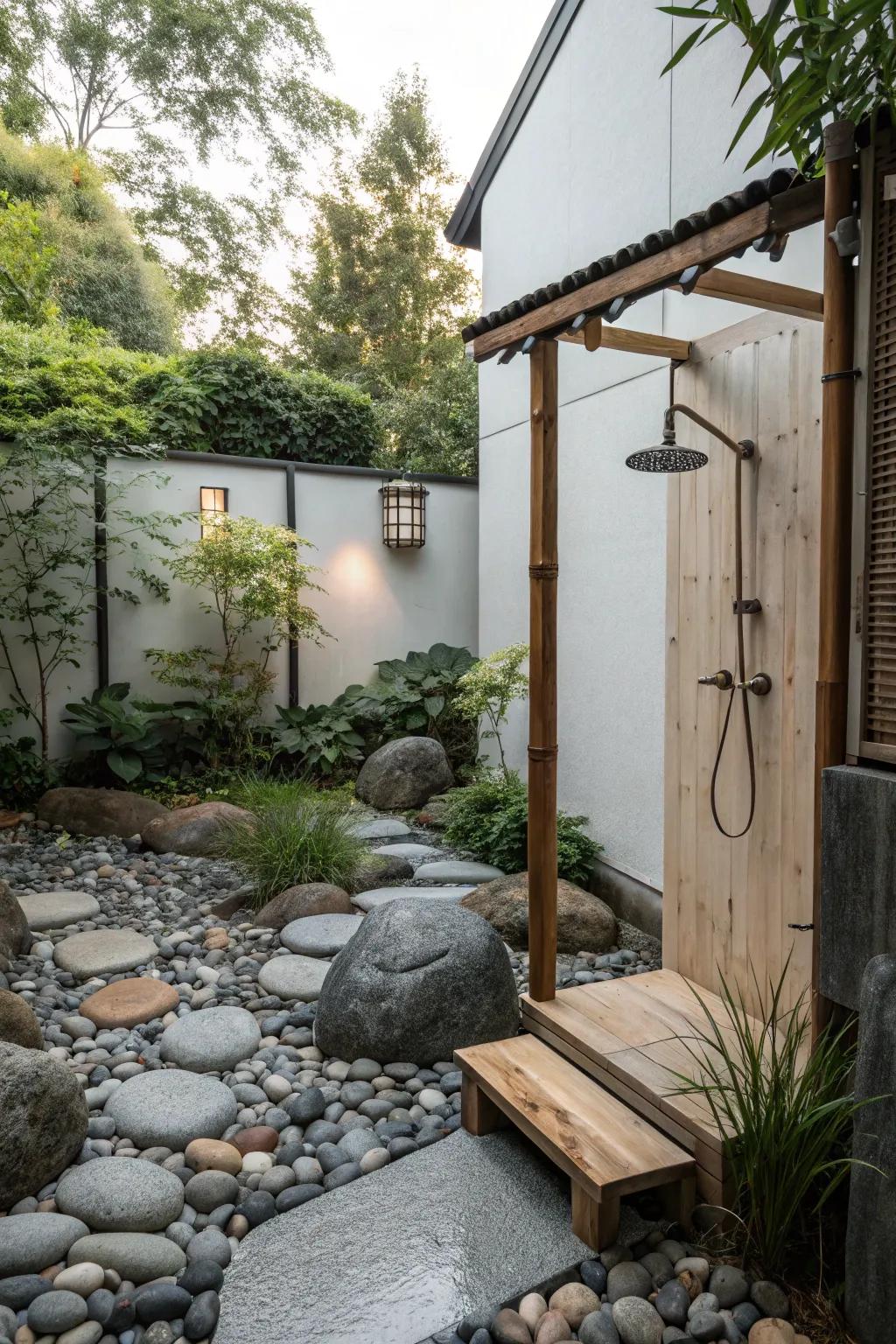 Zen-inspired outdoor shower area featuring minimalist stones and wooden bench.