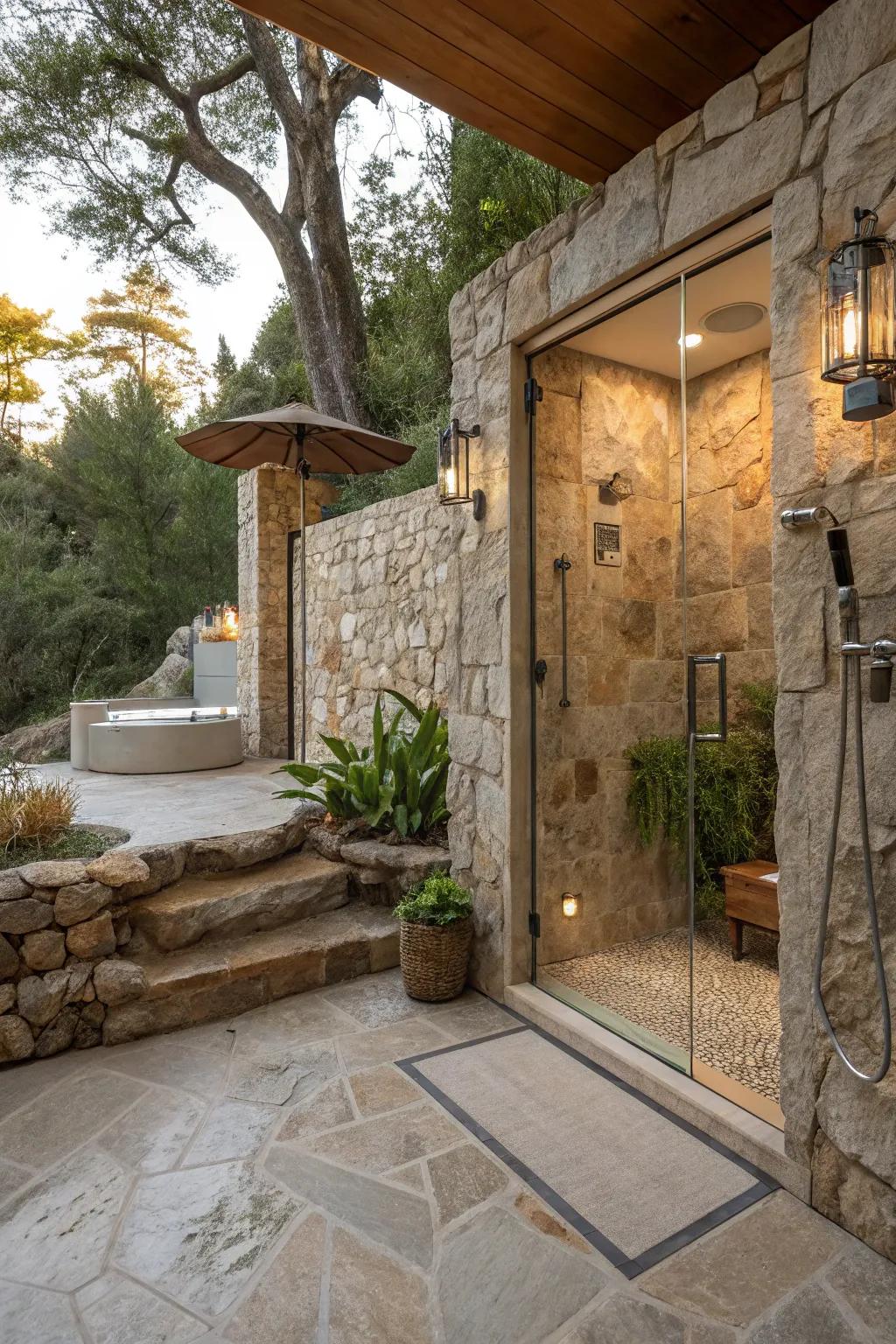 Outdoor shower enveloped in elegant natural stone walls and floors.