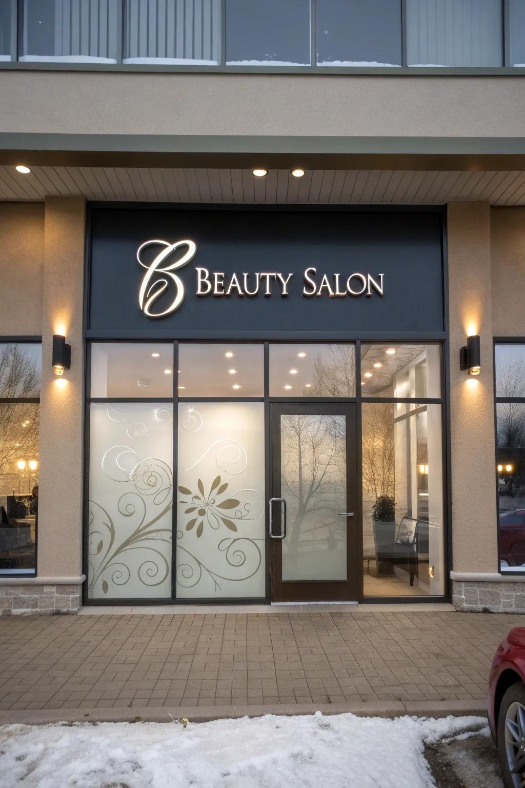 Beauty salon displaying refined and elegant branding on its facade.