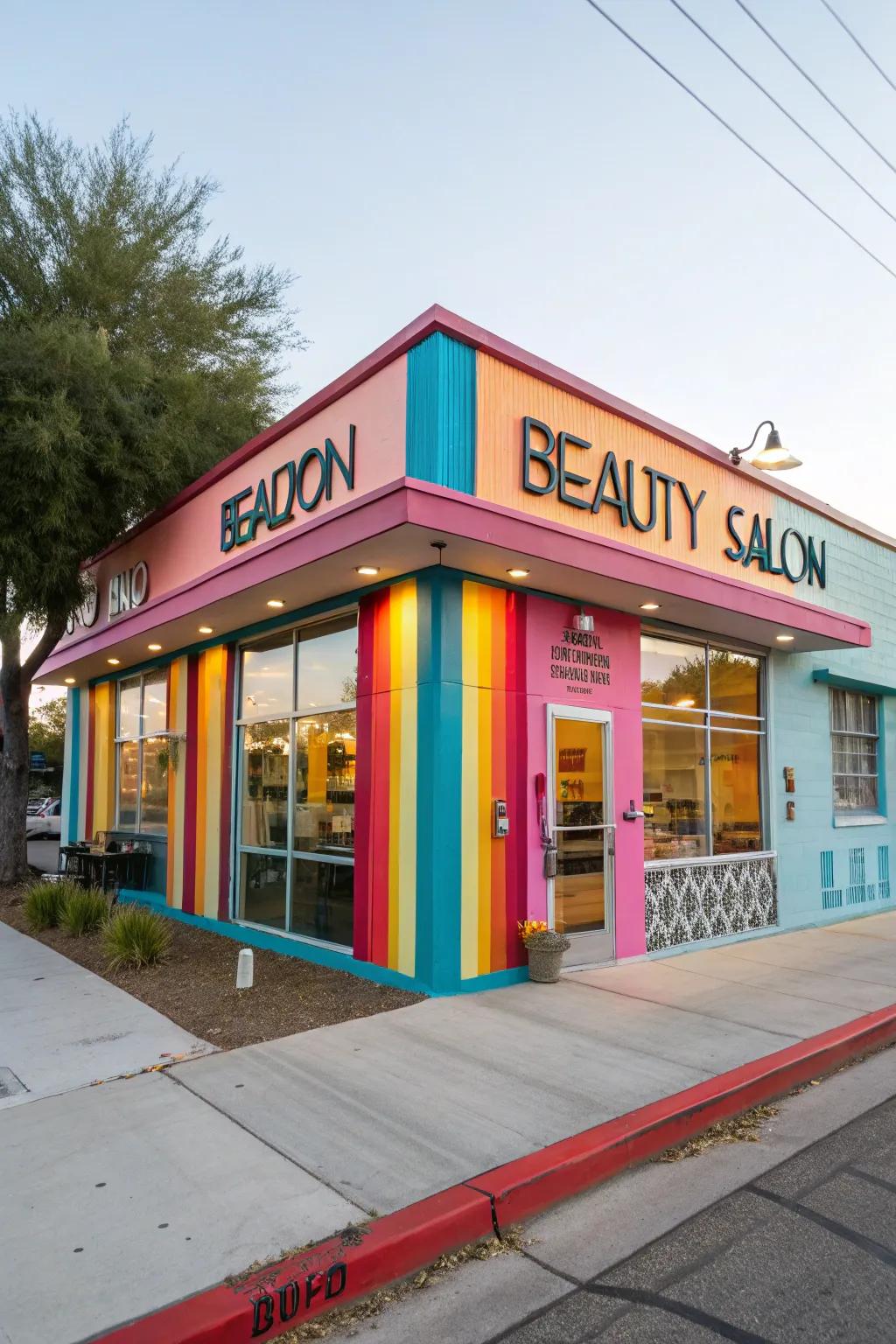A salon boasting a brightly painted exterior that attracts attention.