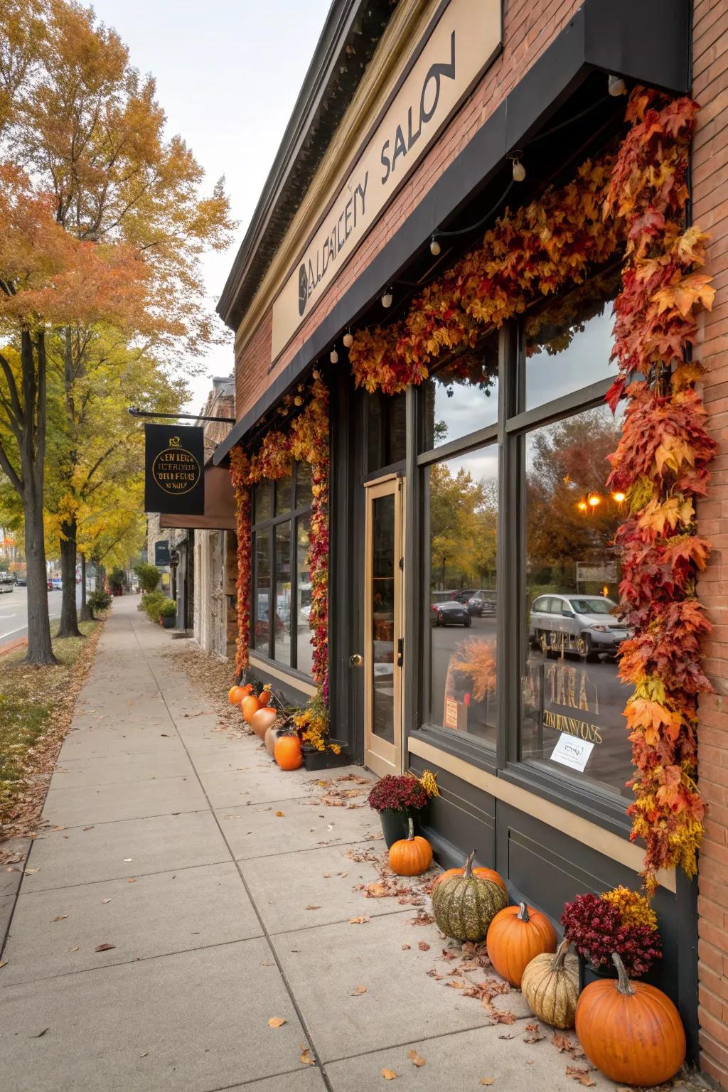 Salon entrance adorned with lively seasonal decorations.