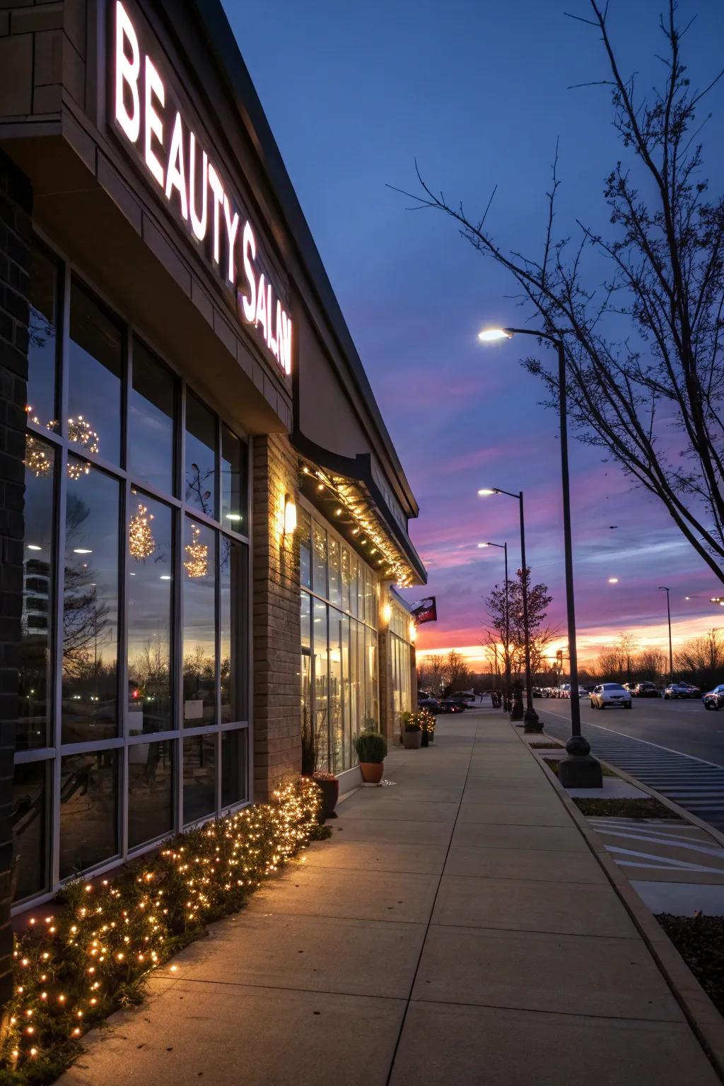 Beauty salon exterior glowing with elegant lighting at twilight.