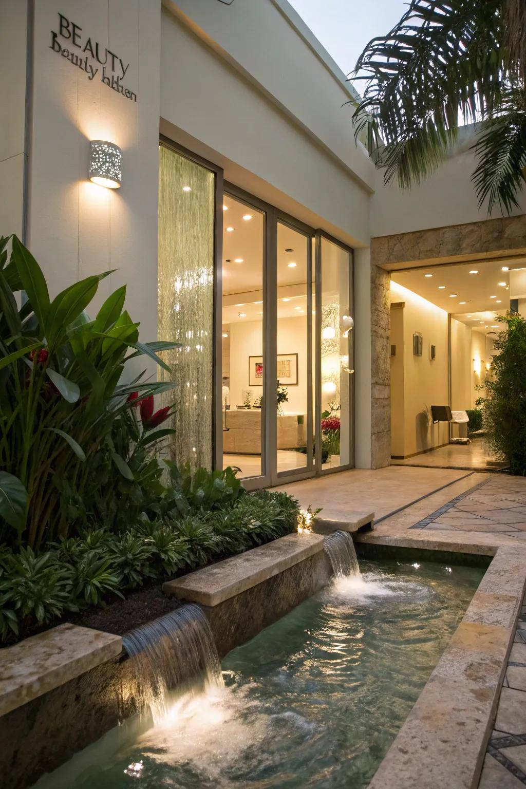 Entrance of a salon graced by a tranquil water fountain.