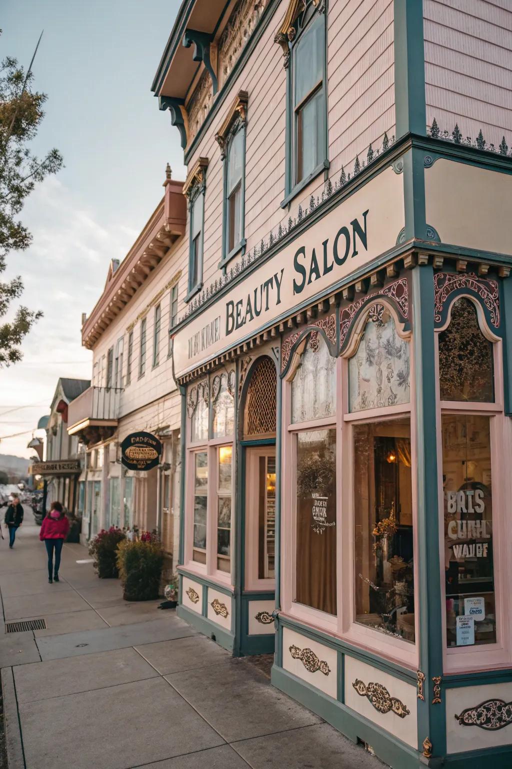 A salon exterior adorned with charming vintage decor.