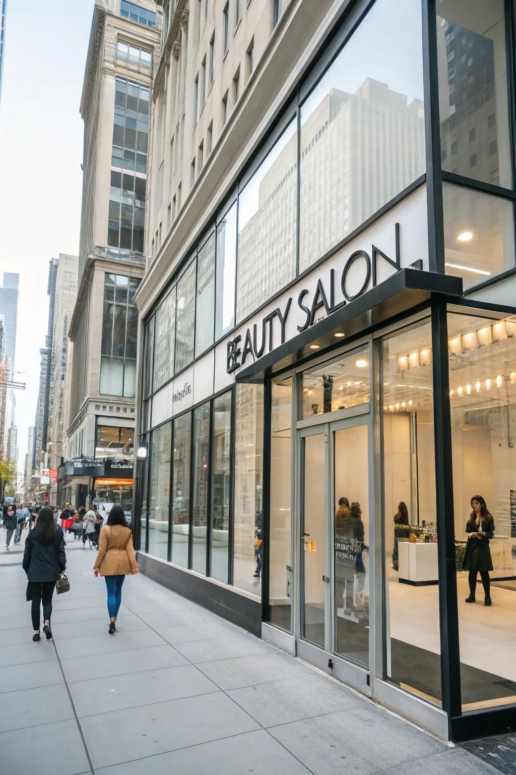 A beauty salon outfitted with sleek, modern signage making a bold statement.