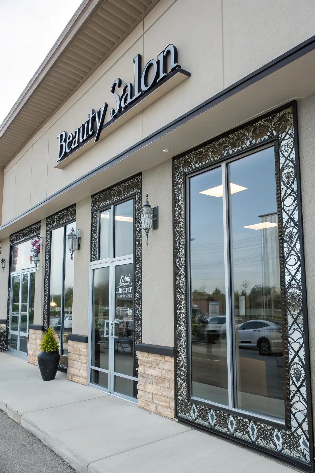 Salon exterior enhanced with decorative mirror features to reflect light.