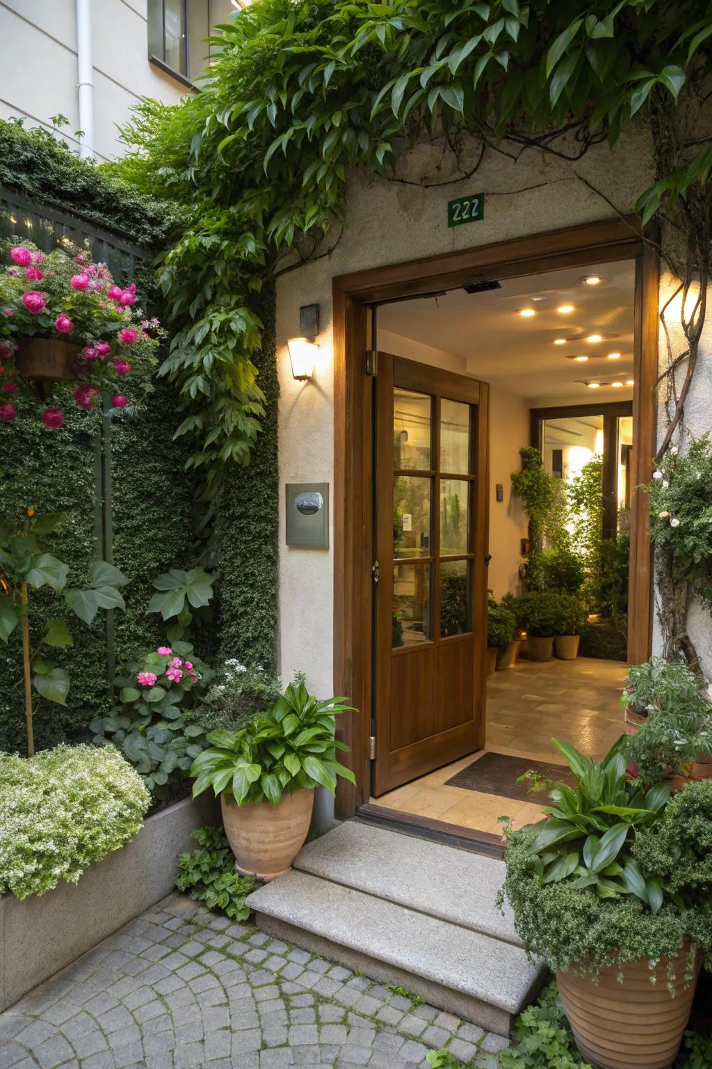 Salon entrance encircled by abundant plants and greenery.