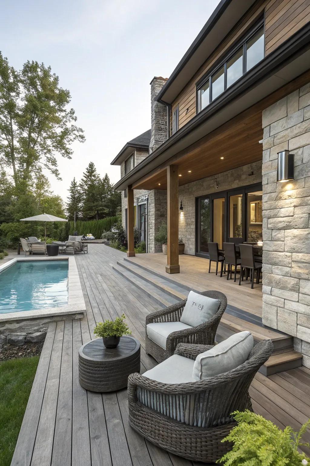 A modern deck design bridges indoor comfort with outdoor elegance.