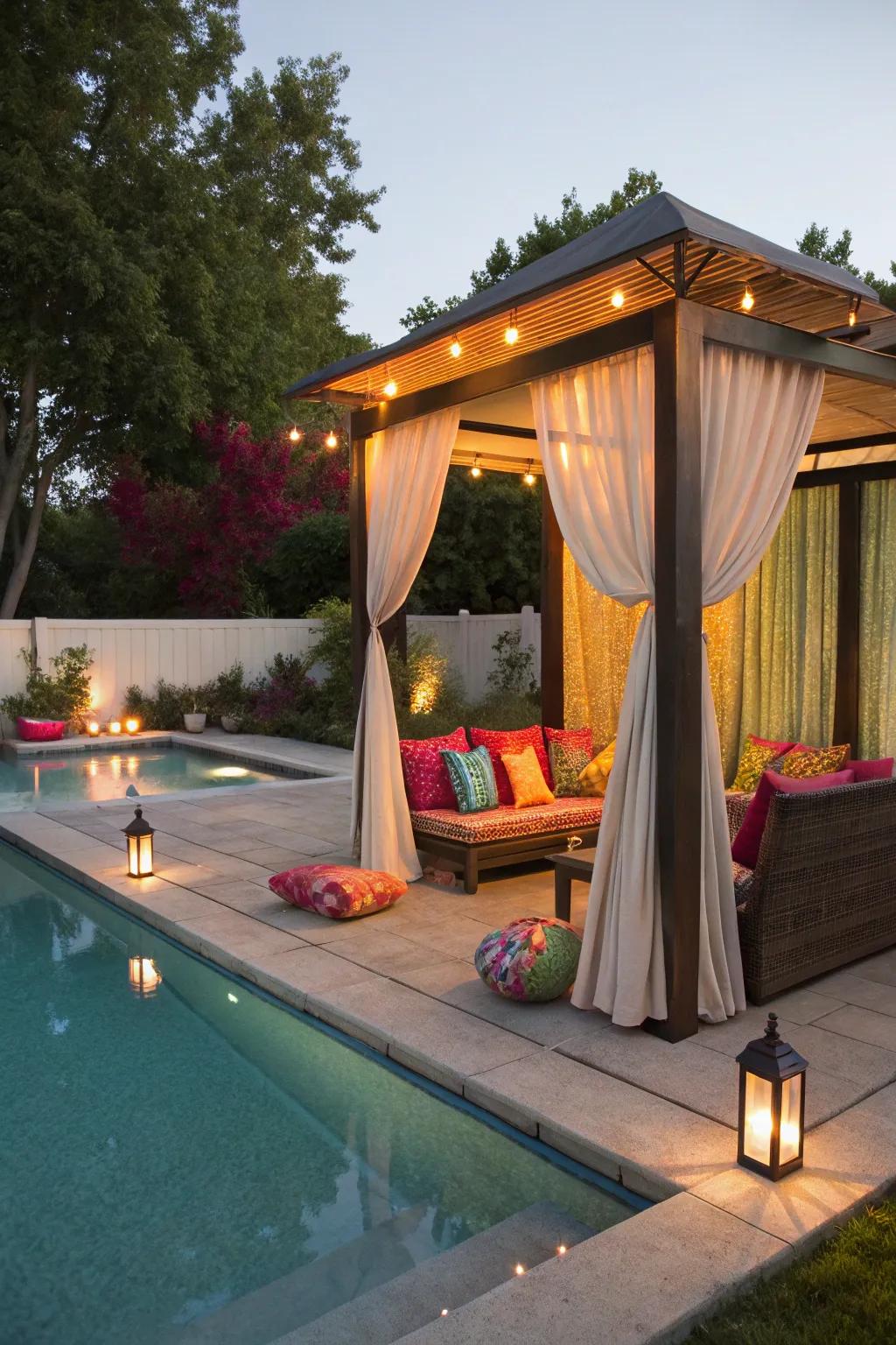 A cabana offers a luxurious, private retreat by the pool.