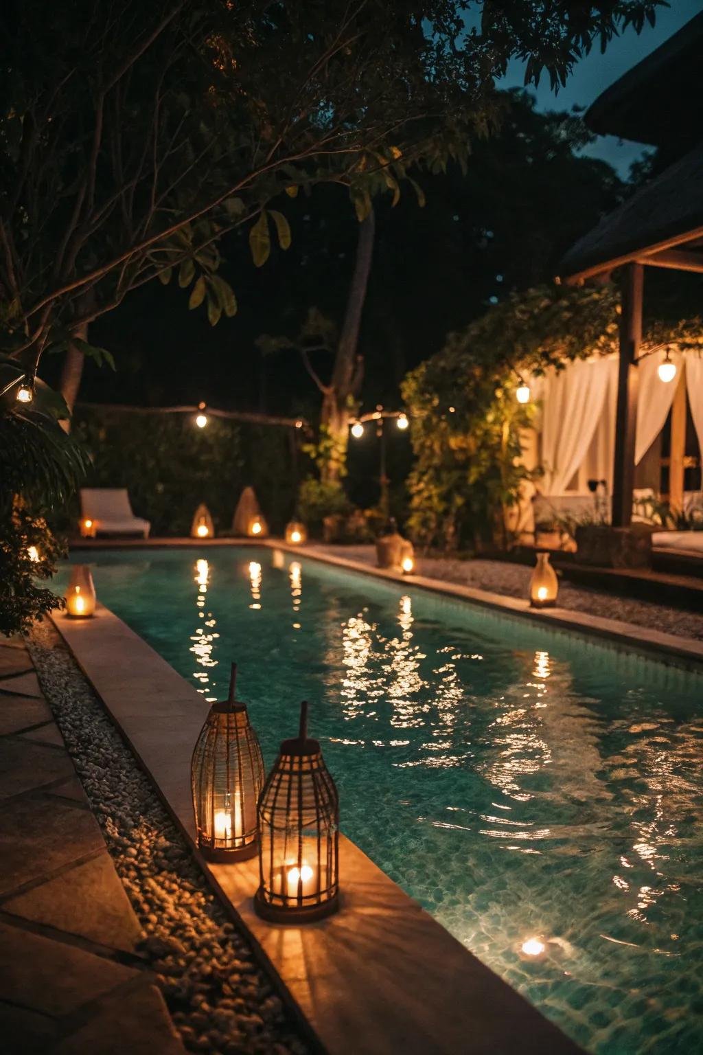 Ambient lighting turns your pool area into an enchanting evening escape.