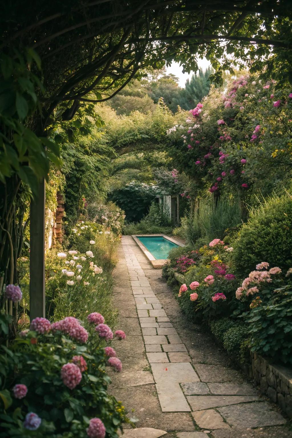 A secret garden pathway adds whimsy and charm to your pool entrance.