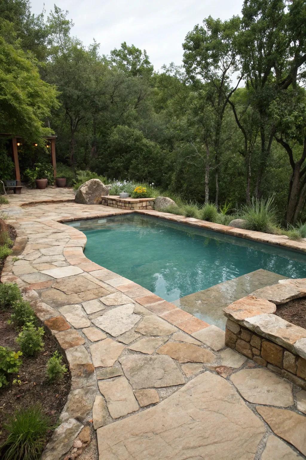 Natural stone surrounds add timeless elegance to your pool area.