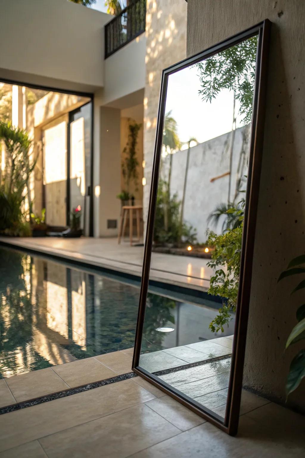 A reflective pool mirror amplifies light and space, enhancing your backyard's ambiance.