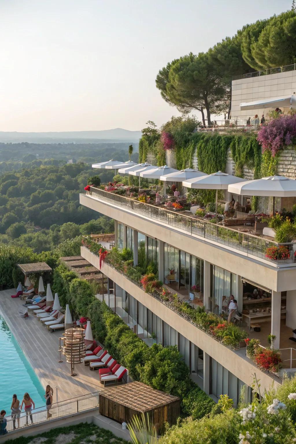 A multi-level terrace offers versatile spaces for poolside enjoyment.