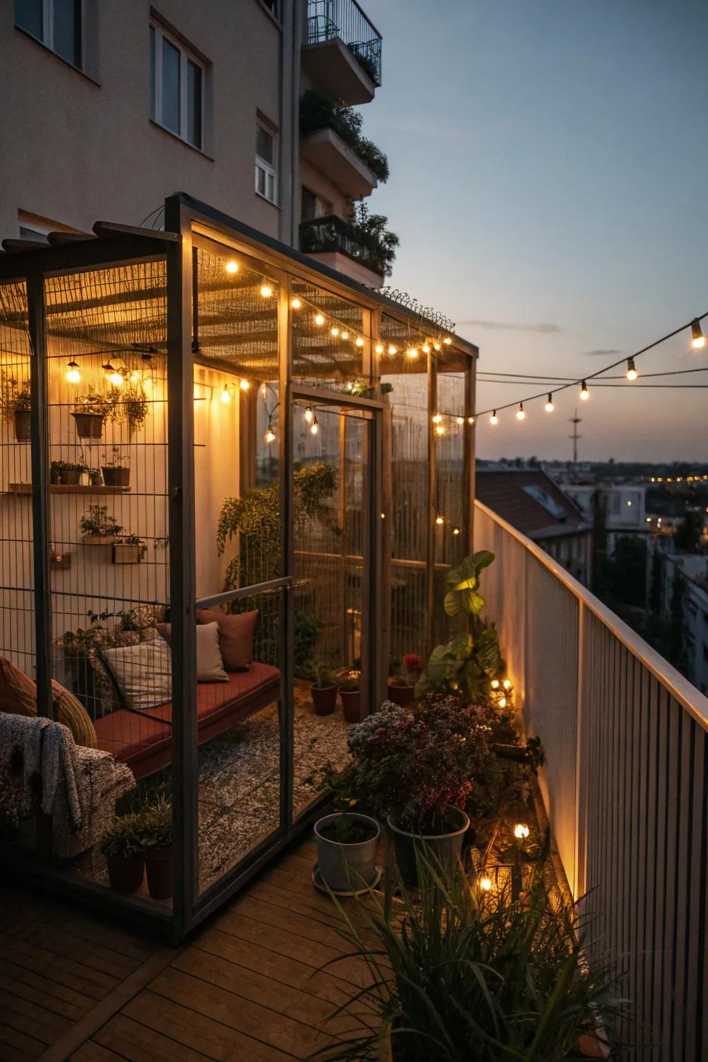 String lights add a magical touch to your balcony catio, perfect for evening relaxation.